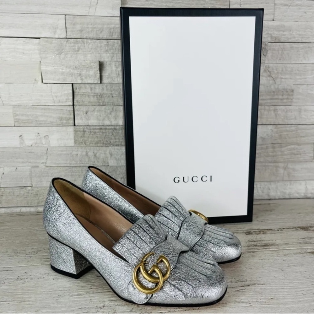 Gucci NEW Size 34 Metallic Silver Marmont GG Fringe Mid Heel Loafer Shoe Pump - Picture 3 of 14